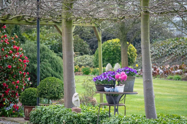 Landhausstil Frühlingsgarten Mit Bunten Blumen Gemähten Bäumen Und Grünem Rasen — Stockfoto