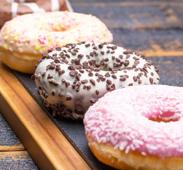 Colorful Sweet Glazed Donuts Bakery Black Wooden Background Close — Stock Photo, Image