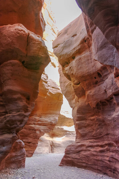 Beautiful geological formation in desert, colorful sandstone canyon walking route, Red Canyon in Negev desert, Israel