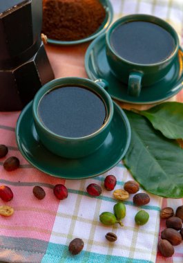 Sade kahve ile servis edilen, çiğ yeşil, olgun kırmızı ve kavrulmuş kahve çekirdekleri, yakın kahve fabrikasından yeşil yapraklarla süslenmiş.