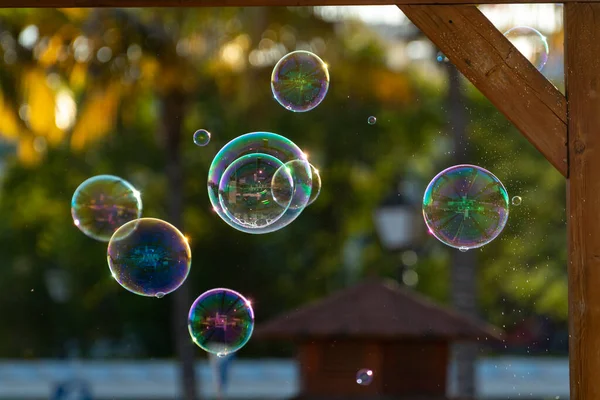 Background Many Soap Bubbles Air City Street Outdoor Fun Everybody — Stock Photo, Image