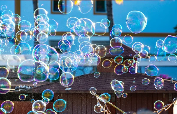 Background Many Soap Bubbles Air City Street Outdoor Fun Everybody — Stock Photo, Image