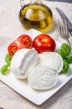 Beyaz İtalyan peyniri Mozzarella bufalosu taze domates, zeytin yağı ve beyaz arka planda yeşil fesleğen yapraklarıyla servis edilir.