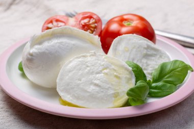 Yumuşak beyaz İtalyan peyniri Mozzarella bufalosu taze domates ve yeşil fesleğen yapraklarıyla servis edilir.