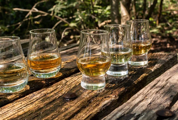 Tasting of different Scotch whiskies on outdoor terrace, dram of whiskey close up