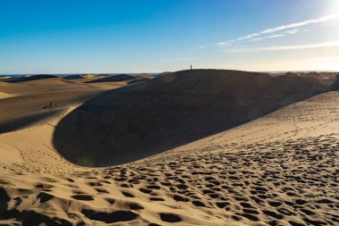 Maspalomların sarı kumlu kumulları ve mavi Atlantik Okyanusu, Büyük Kanarya, Kanarya Adaları, İspanya