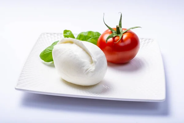 Jemný Bílý Italský Sýr Mozzarella Buvolí Podávaný Čerstvými Rajčaty Zelenými — Stock fotografie