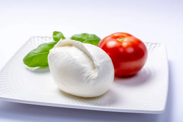 Queso Italiano Blanco Suave Mozzarella Buffalo Servido Con Tomate Fresco — Foto de Stock