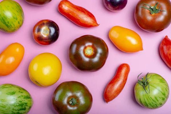 면에는 인기있는 분홍빛 식탁에 색깔의 프랑스 토마토가 다양하게 차려져 배경이 — 스톡 사진