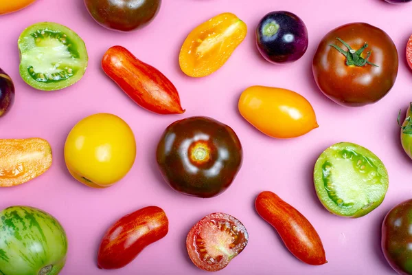 Flat Lay Top View Fundo Comida Com Variedade Multicolorida Tomates — Fotografia de Stock