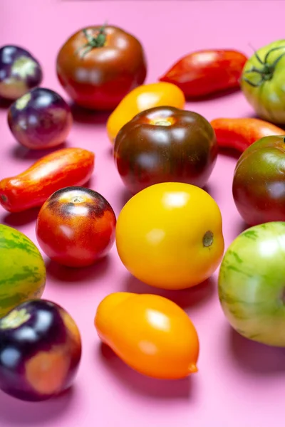 Veelkleurig Assortiment Franse Verse Rijpe Tomaten Close — Stockfoto