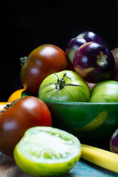 Multicolored Assortment French Fresh Ripe Tomatoes Blue Wooden Table Close — Stock Photo, Image