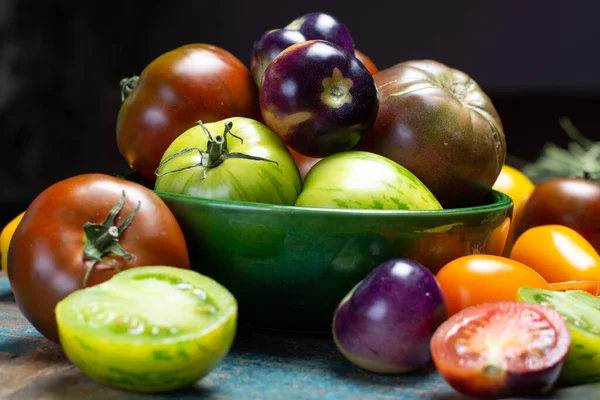 Multicolored Assortment French Fresh Ripe Tomatoes Blue Wooden Table Close — Stock Photo, Image