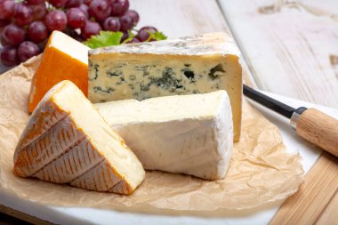 Tasting plate with four France cheeses, cream brie, marcaire, saint paulin and blue auvergne cheese, served with fresh ripe grapes close up clipart