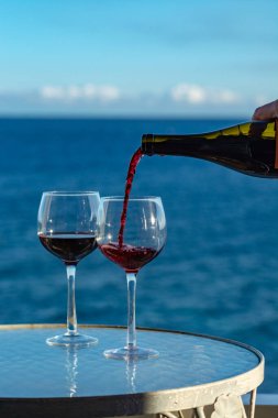 Garson, güneşli bir günde açık hava tesisine aperatif kırmızı şarap koyuyor.