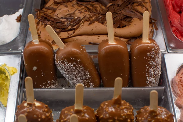 Variedad Chocolate Casero Vainilla Almendras Barras Helado Palos Cerca — Foto de Stock