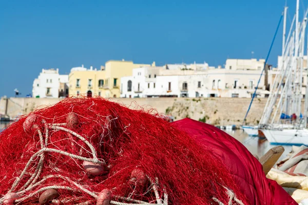 Morning landscape photo made in Gallipoli pier, colorful fishermen net after fishing, Apulia, Italy — Stock Image Morning Landscape Photo Made Gallipoli Pier Colorful Fishermen Net Fishing Royalty Free Stock Photos