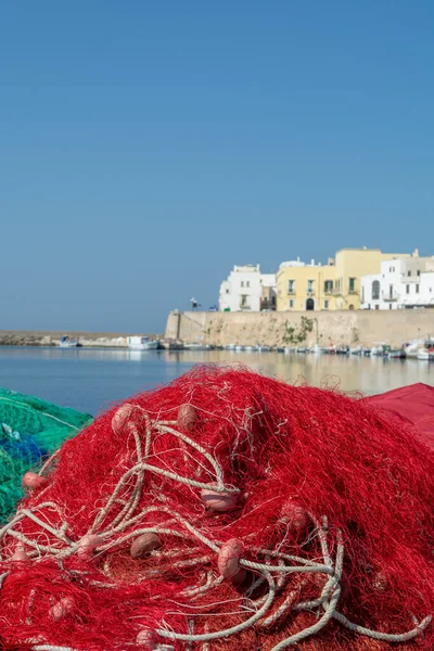Morning landscape photo made in Gallipoli pier, colorful fishermen net after fishing, Apulia, Italy — Stock Image Morning Landscape Photo Made Gallipoli Pier Colorful Fishermen Net Fishing Royalty Free Stock Photos