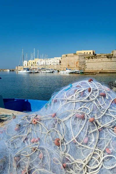 Morning landscape photo made in Gallipoli pier, colorful fishermen net after fishing, Apulia, Italy — Stock Image Morning Landscape Photo Made Gallipoli Pier Colorful Fishermen Net Fishing Stock Image