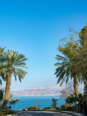 Dünyanın en düşük tuzlu gölünün panorama fotoğrafı Ölü deniz, lüks tatil beldesi yakınlarındaki minerallerle dolu Ein Bokek, tıbbi tedaviler için yer, iklim terapisi, thalassotherapy ve helyoterapi.