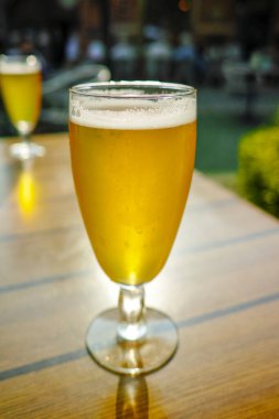 Bir soğuk ışık filtresiz cam içinde bira bahçedeki güneşli terasta servis edilir.