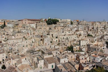 2019 yılında Avrupa Kültür Başkenti, Matera antik kentinde panoramik manzara, Güney İtalya 'nın başkenti Basilicata, sabahın erken saatlerinde