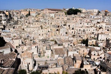 2019 yılında Avrupa Kültür Başkenti, Matera antik kentinde panoramik manzara, Güney İtalya 'nın başkenti Basilicata, sabahın erken saatlerinde