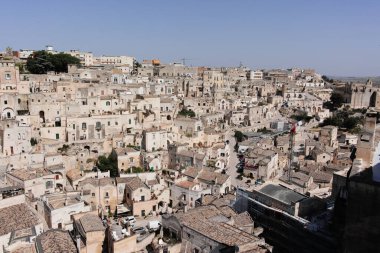 2019 yılında Avrupa Kültür Başkenti, Matera antik kentinde panoramik manzara, Güney İtalya 'nın başkenti Basilicata, sabahın erken saatlerinde