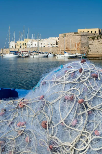 Morning landscape photo made in Gallipoli pier, colorful fishermen net after fishing, Apulia, Italy — Stock Image Morning Landscape Photo Made Gallipoli Pier Colorful Fishermen Net Fishing Stock Photo