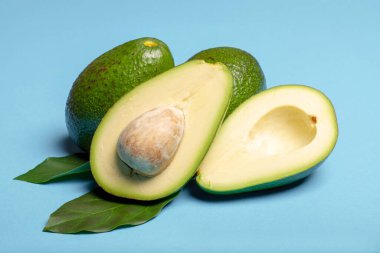 Taze organik olgun yeşil bir bütün ve yapraklarla dilimlenmiş Fuerte avokadosu, kopyalama alanı izole edilmiş modaya uygun mavi arka plan.
