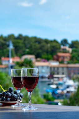 Güneşli yaz gününde, açık terasta kırmızı üzümle servis edilen kırmızı şaraplı iki şarap kadehi.