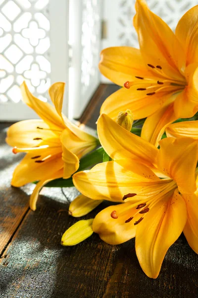 Sensueel Boeket Van Mooie Oranje Lelies Bloemen Close — Stockfoto
