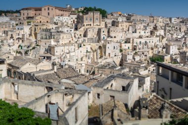 2019 yılında Avrupa Kültür Başkenti, Matera antik kentinde panoramik manzara, Güney İtalya 'nın başkenti Basilicata, sabahın erken saatlerinde