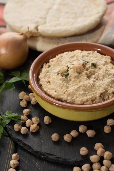 Hummus Dip Spread Comidas Diarias Israel Hechas Garbanzos Ingredientes Que —  Fotos de Stock