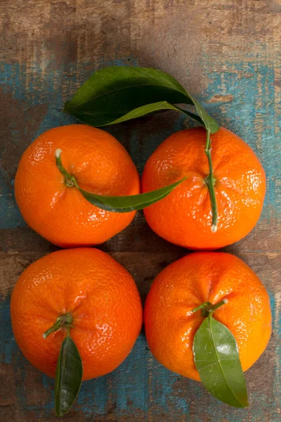 Zralé Barevné Tropické Citrusové Plody Mandarinky Nebo Klementinky Zblízka Modrém — Stock fotografie