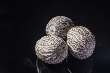 Makro koleksiyonu, kurutulmuş muscat hindistan cevizi. Siyah arkaplan kopyalama alanını kapat