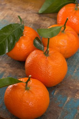 Olgun renkli tropikal turunçgil meyveleri, mandalinalar mavi ahşap masaya kapanır.