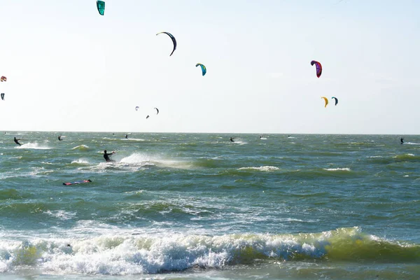 多彩的风筝冲浪者在荷兰泽兰Renesse附近的北海参加水上运动比赛 — 图库照片