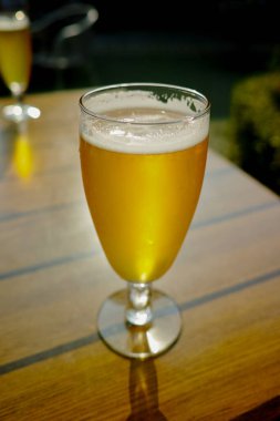 Bir soğuk ışık filtresiz cam içinde bira bahçedeki güneşli terasta servis edilir.