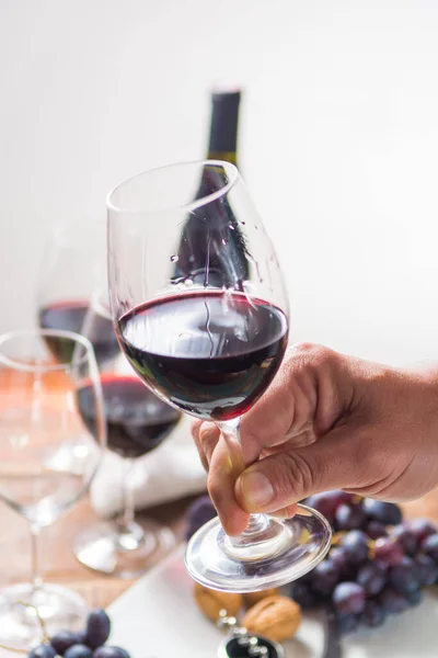 高品質のワイングラスとワインアクセサリーでプロの赤ワインの試飲イベントを閉じます — ストック写真