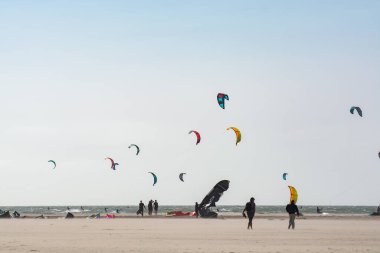 Su sporları etkinliği, renkli uçurtma sörfçüleri Kuzey Denizi 'nde Renesse, Zeeland, Hollanda yakınlarında yarışıyor.