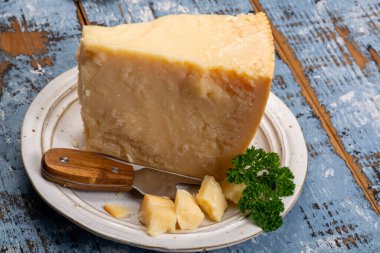 Peynir koleksiyonu, sert İtalyan peyniri, yaşlı parmesan ya da grana padano peyniri. Yakın çekim.