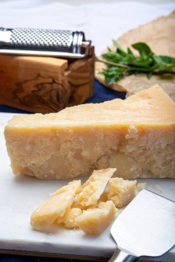 Peynir koleksiyonu, beyaz mermer tahtada orijinal İtalyan parmesan peyniri.