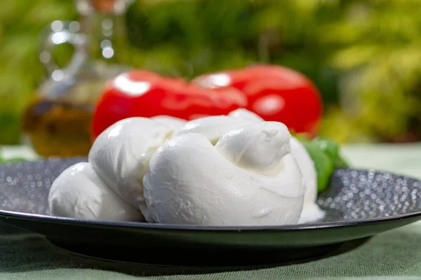 Verdreht Einen Zopf Treccia Mozzarella Italienischen Weichkäse Mit Frischem Basilikum — Stockfoto