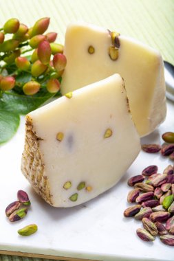 Peynir koleksiyonu, İtalyan provolonu veya Sicilya 'da yapılan leziz yeşil Bronte fıstıklı provolone peyniri beyaz mermer tabakta servis ediliyor.