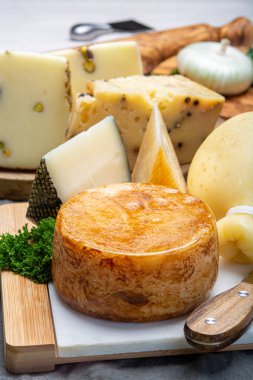 Peynir koleksiyonu, İtalyan pecorino çeşitliliği ve provolone peyniri, Nebrodi 'den gelen siyah biberler, beyaz Il Palio ve siyah molarotto, yakın çekim
