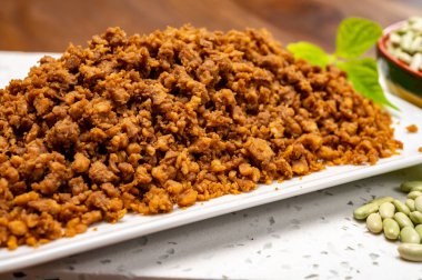 Fiber bitkinin kaynağı vejetaryen soya proteini kıymalı et, etsiz sağlıklı yiyecek.