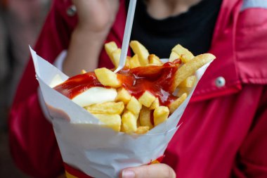 Belçika usulü kızarmış patates cipsi, ketçap ve mayonez yemek, fast food, sağlıksız yiyecekler.
