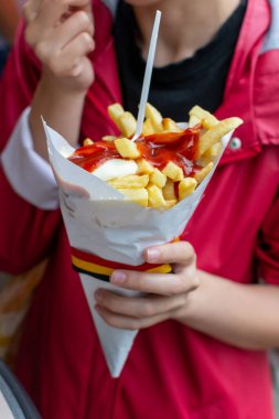 Belçika usulü kızarmış patates cipsi, ketçap ve mayonez yemek, fast food, sağlıksız yiyecekler.