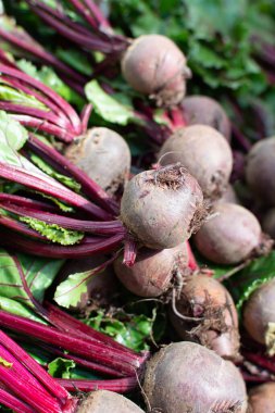 Yunanistan 'ın Nafplio kentindeki tarım pazarı, yeni kırmızı pancar kökü sebzesi hasadı, taze ve sağlıklı organik gıda yakında.
